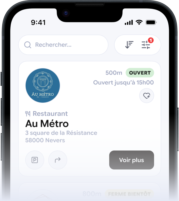 Listing des commerces dans l'application Nevers et vous